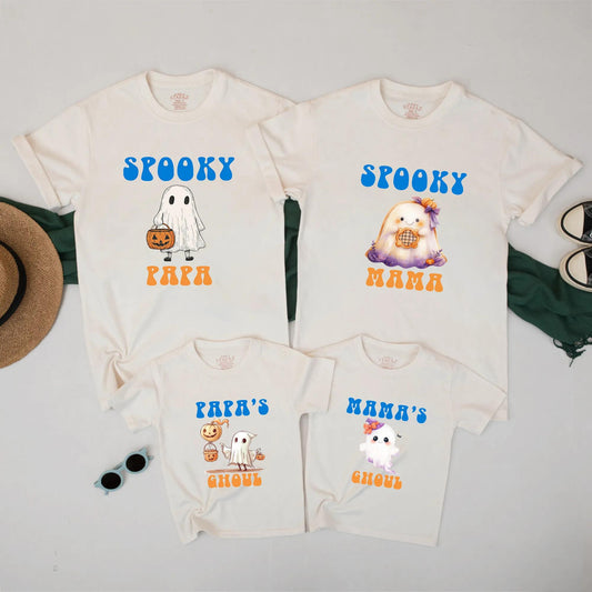 Matching Spooky Halloween Family Shirts, Papa Mama Ghoul Ghost Pumpkin Tees, Orange, White, Purple Vintage Outfits
