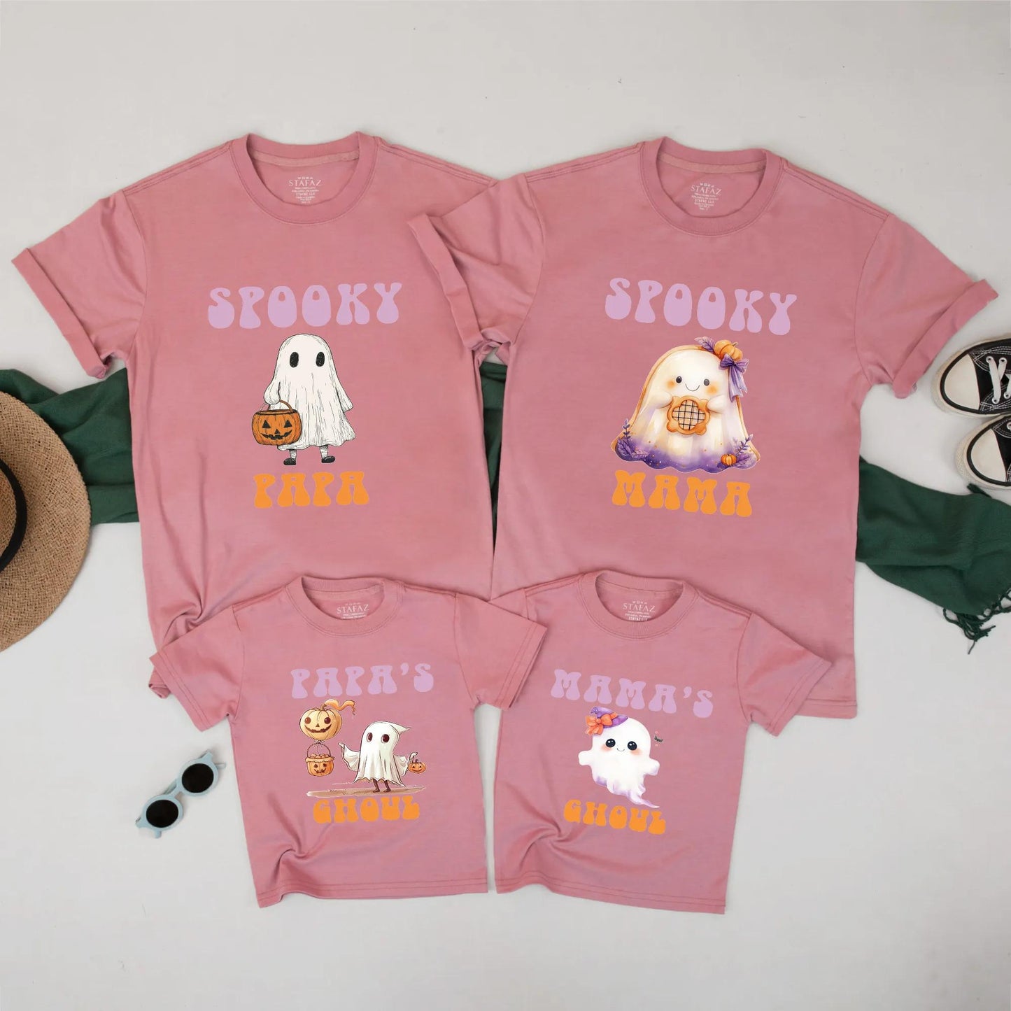 Matching Spooky Halloween Family Shirts, Papa Mama Ghoul Ghost Pumpkin Tees, Orange, White, Purple Vintage Outfits