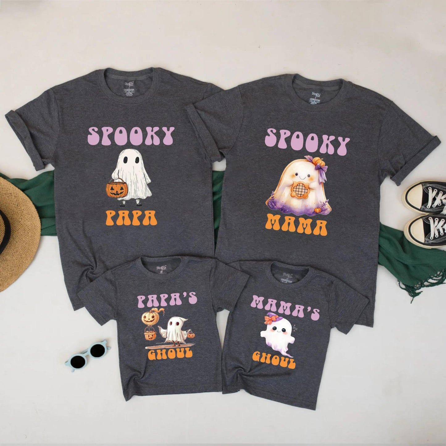 Matching Spooky Halloween Family Shirts, Papa Mama Ghoul Ghost Pumpkin Tees, Orange, White, Purple Vintage Outfits