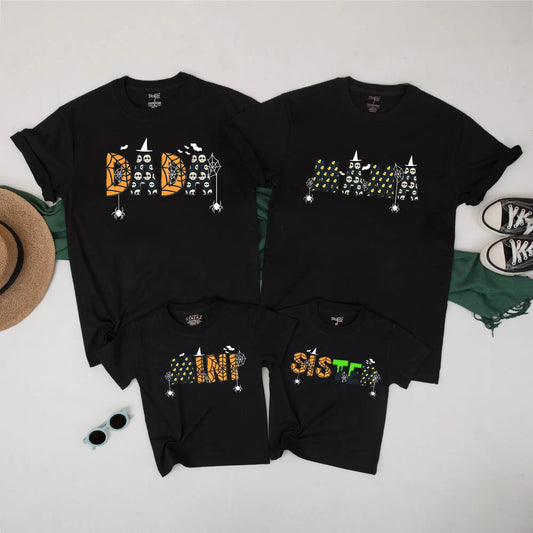 Cute Spooky Matching Family Halloween T-Shirts for Mom Dad Sister Mini Personalized with Bats Skulls Polka Dots and Spiderwebs
