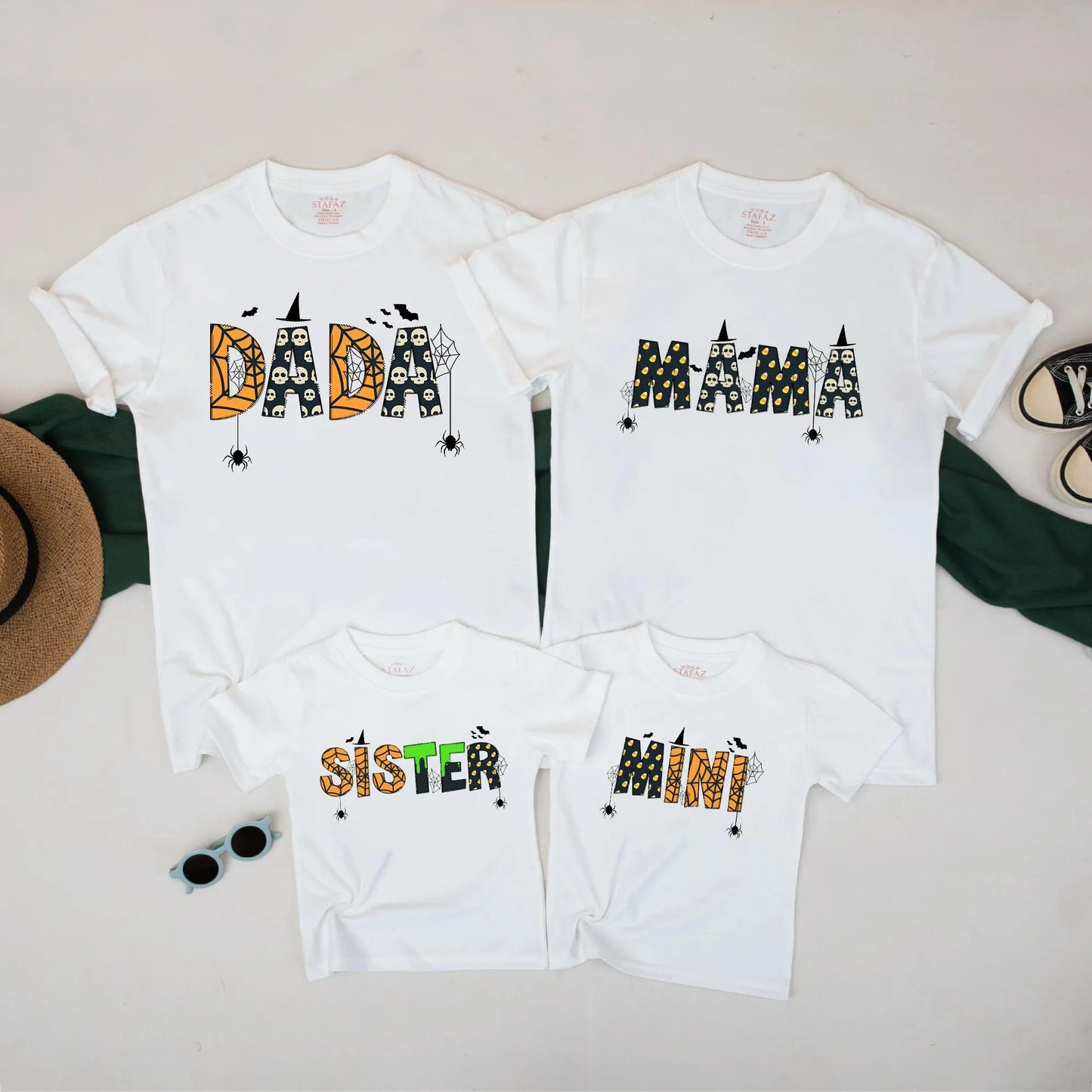 Cute Spooky Matching Family Halloween T-Shirts for Mom Dad Sister Mini Personalized with Bats Skulls Polka Dots and Spiderwebs