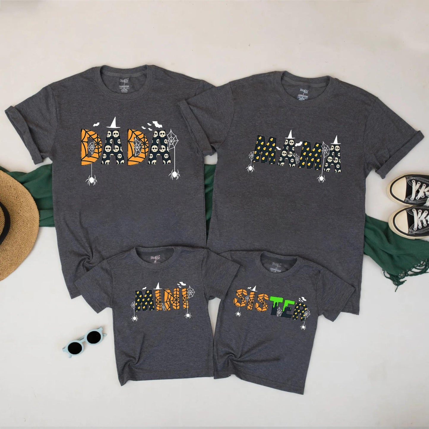Cute Spooky Matching Family Halloween T-Shirts for Mom Dad Sister Mini Personalized with Bats Skulls Polka Dots and Spiderwebs