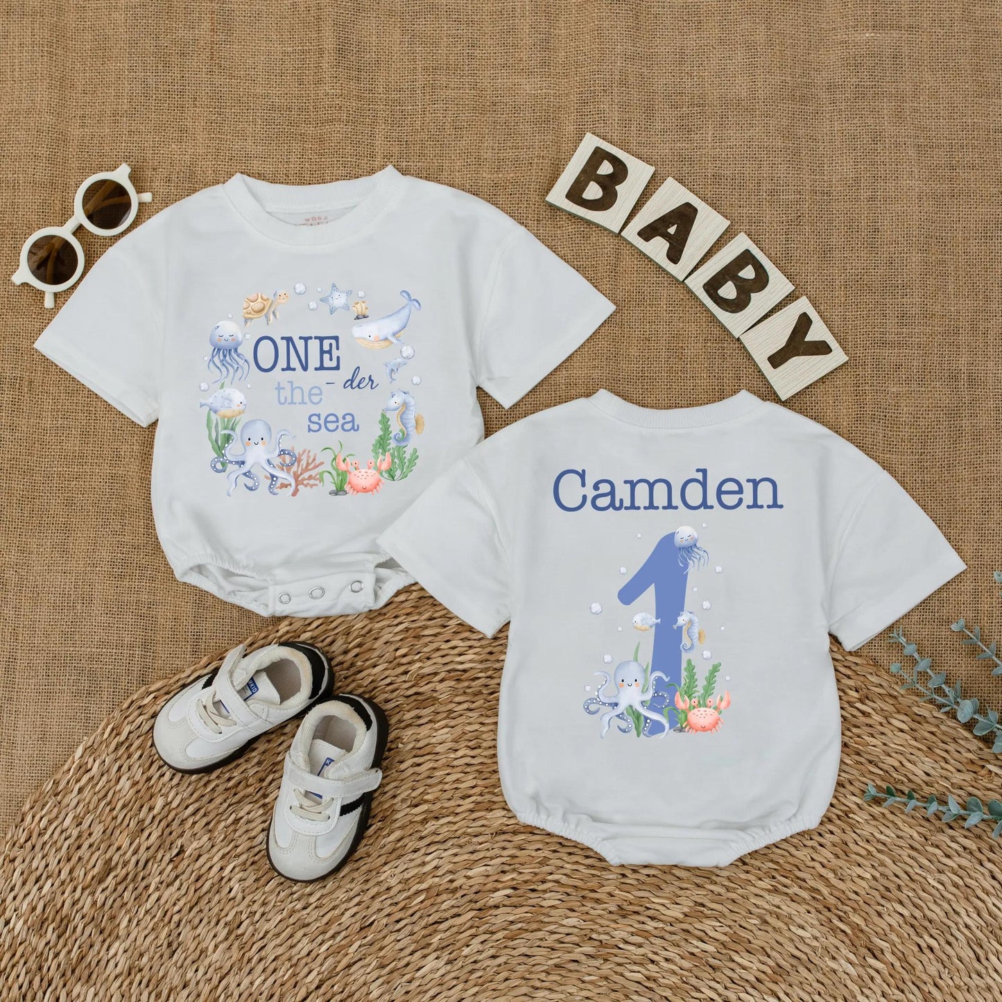 Personalized One the Sea Birthday Romper Ocean Theme First Birthday Bubble Outfit for Boys Girls Under the Sea Party Celebration