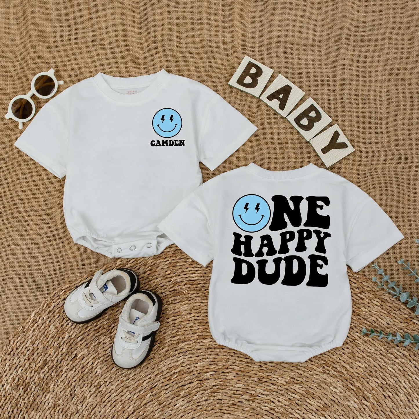 Personalized One Happy Dude Romper, Retro Birthday Outfit for Baby Boy, Custom Camden Name, Lightning Bolt Smiley Face, Groovy 1st Birthday Party Outfit