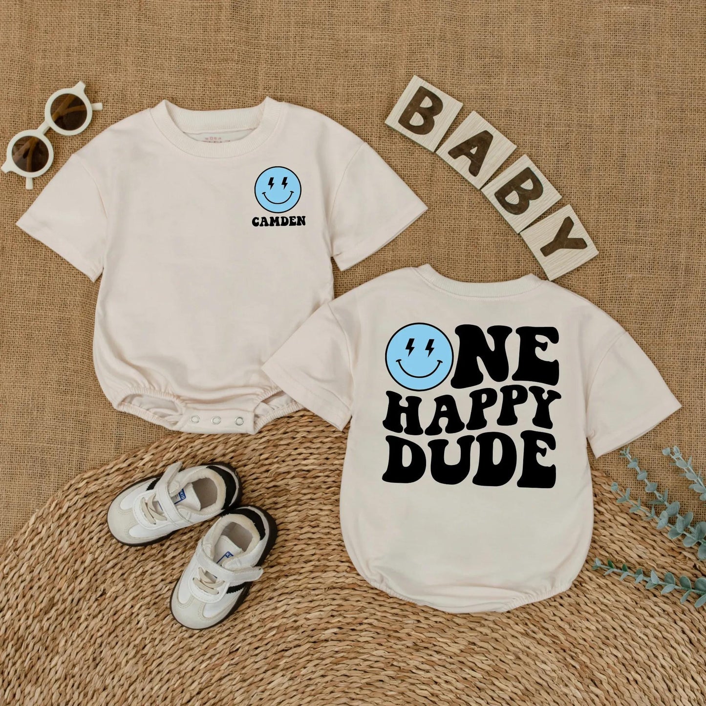 Personalized One Happy Dude Romper, Retro Birthday Outfit for Baby Boy, Custom Camden Name, Lightning Bolt Smiley Face, Groovy 1st Birthday Party Outfit