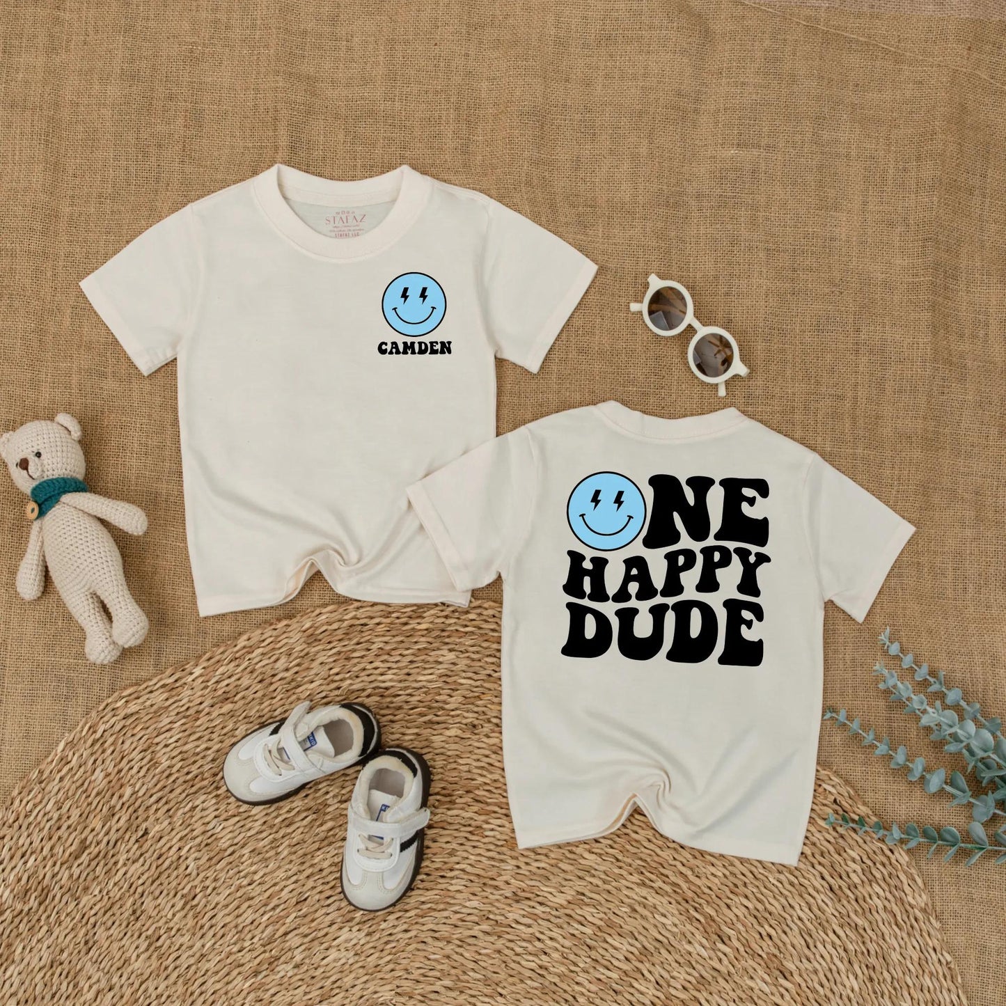 Personalized One Happy Dude Romper, Retro Birthday Outfit for Baby Boy, Custom Camden Name, Lightning Bolt Smiley Face, Groovy 1st Birthday Party Outfit