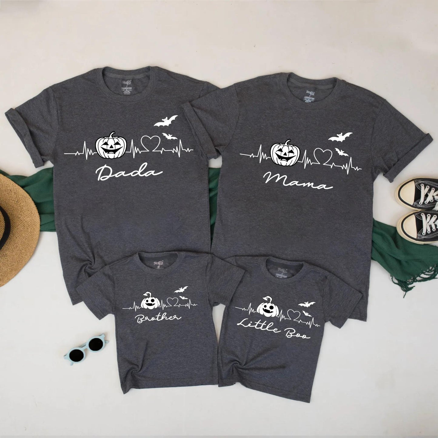 Halloween Heartbeat Family Shirts - Matching Dada Mama Little Boo Pumpkin Bat Tees - Spooky Season Ghost Fall Outfit Set 130-140 Characters