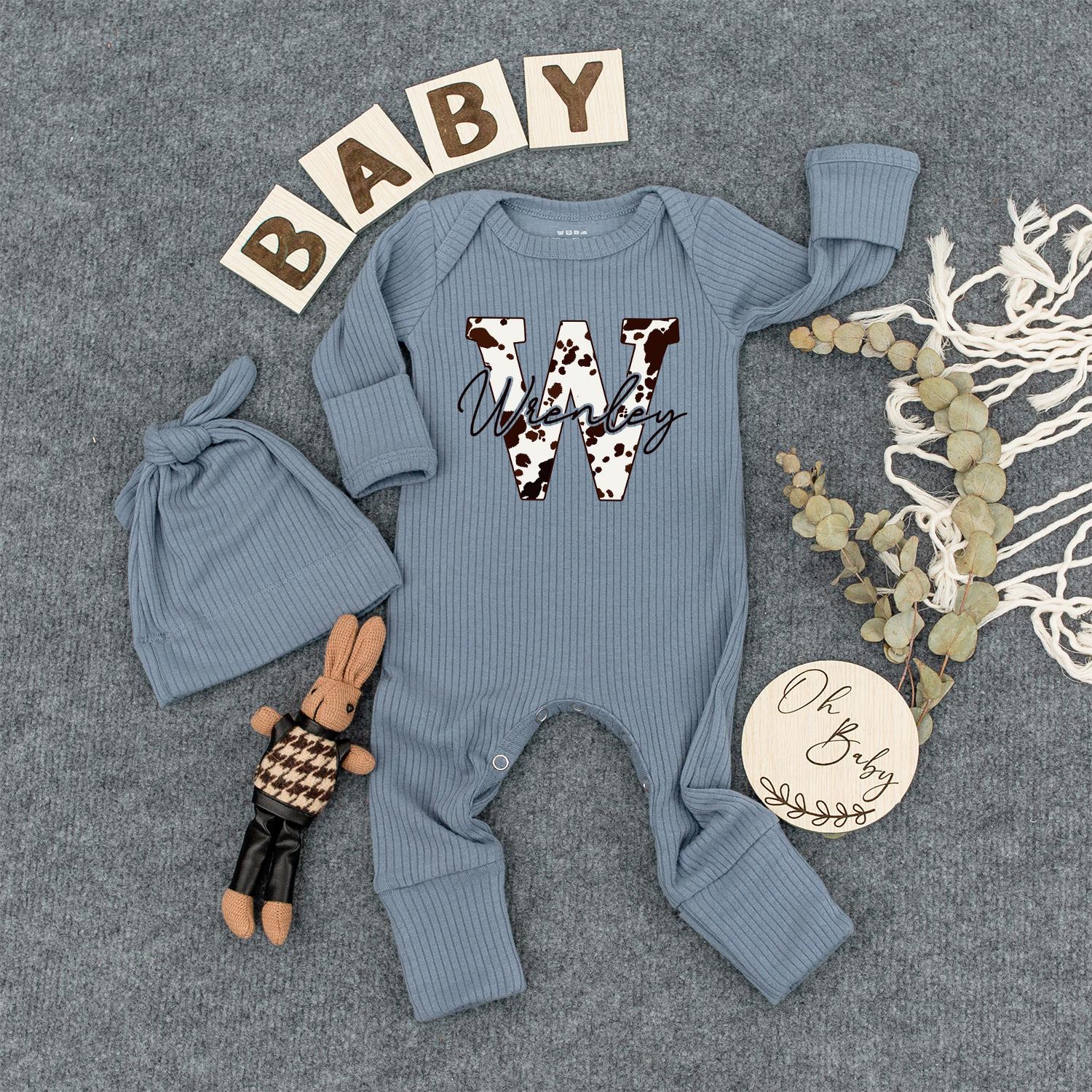 Wrenley Cow Print Baby Bodysuit, Personalized Western Initial Tee, Newborn Outfit, Cute Shower Gift for Girl or Boy, Custom Name Clothes 138