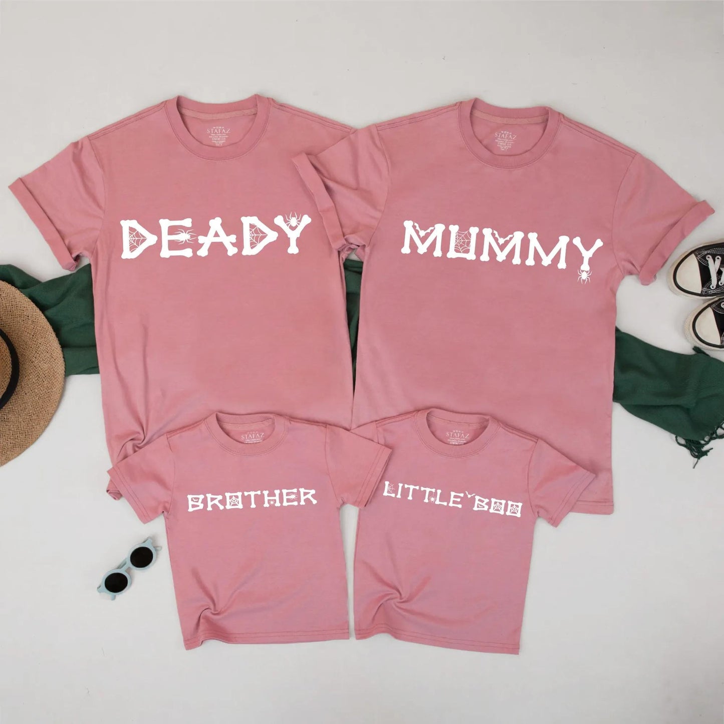 Mummy & Deady Matching Halloween Shirts: Spooky Family Outfits – Little Boo & Brother Tees with Spider Web Font, Creepy Cute Fall T-Shirt Set (138 chars)