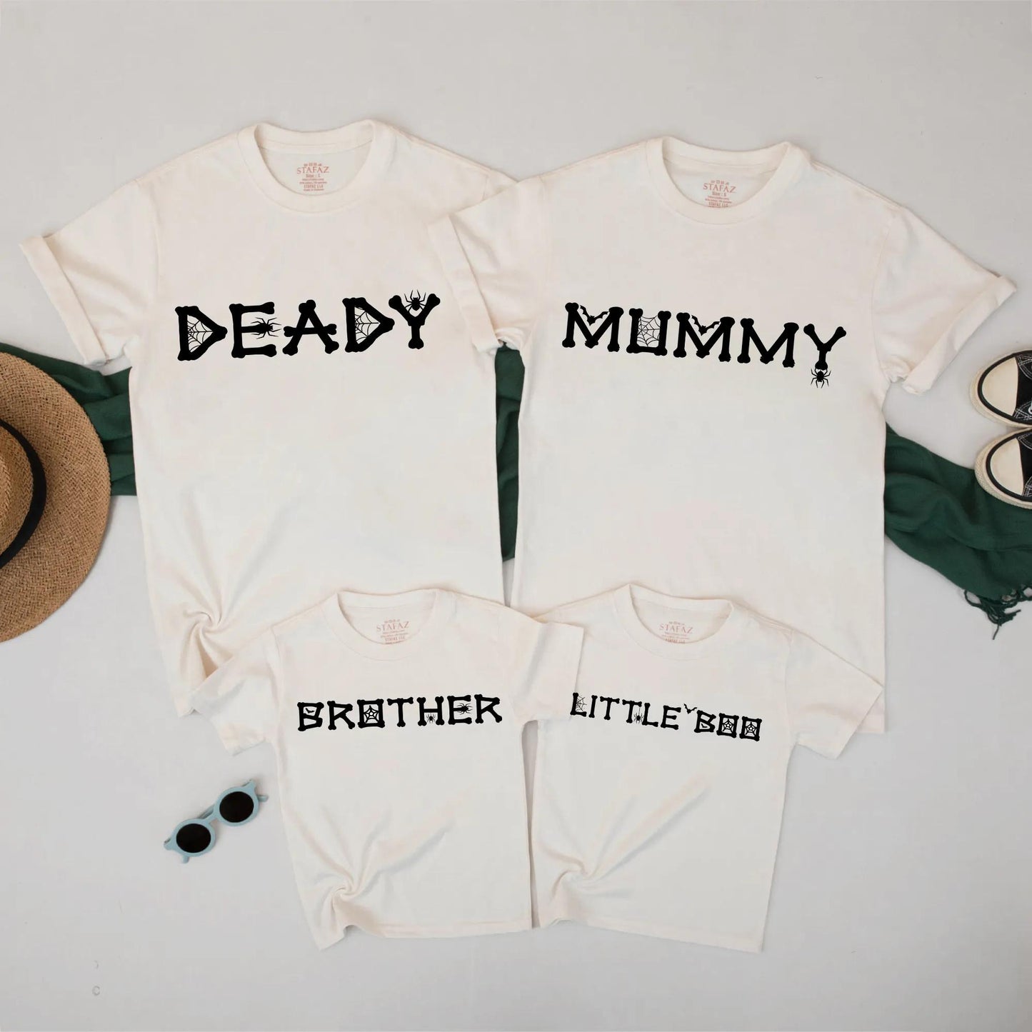 Mummy & Deady Matching Halloween Shirts: Spooky Family Outfits – Little Boo & Brother Tees with Spider Web Font, Creepy Cute Fall T-Shirt Set (138 chars)