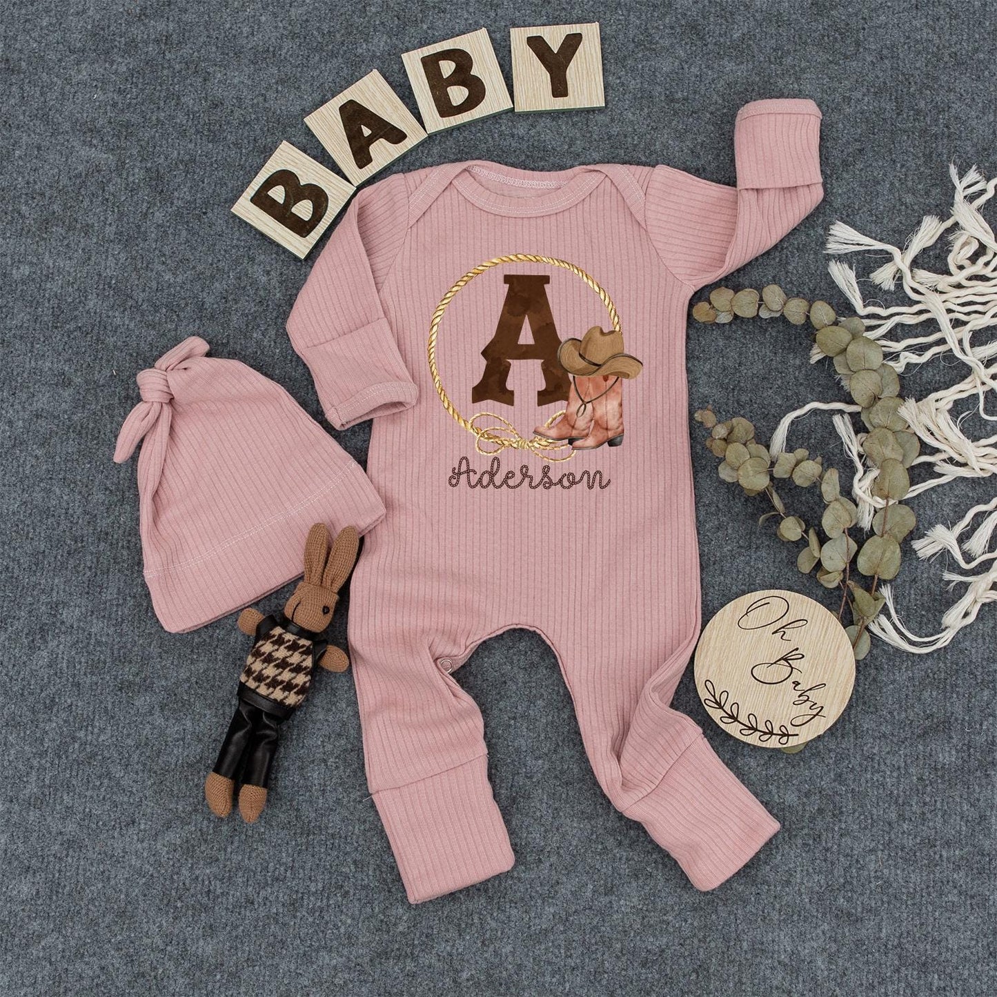 Aderson Western Cowboy Baby Romper with Initial A Golden Rope Lasso Boots Hat Long Sleeve Ribbed Newborn Outfit Gift Idea Rustic Personalized