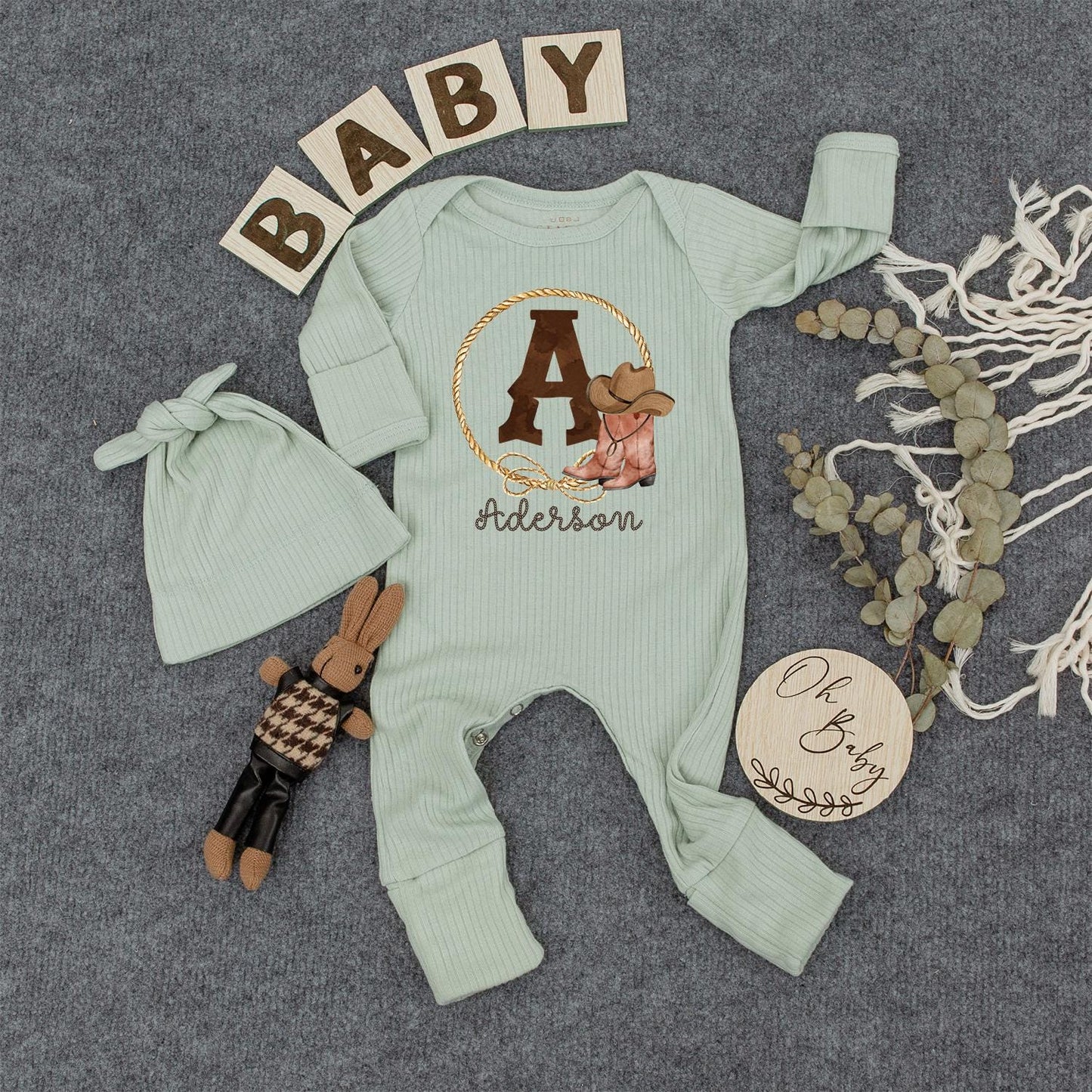 Aderson Western Cowboy Baby Romper with Initial A Golden Rope Lasso Boots Hat Long Sleeve Ribbed Newborn Outfit Gift Idea Rustic Personalized