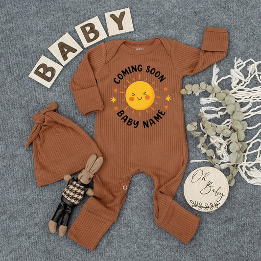 Custom Baby Name Coming Soon Bodysuit, Smiling Sun Newborn Outfit with Yellow Stars, Cute Gender Neutral Baby Shower Gift Clothes, Modern Baby Tee (136 chars)