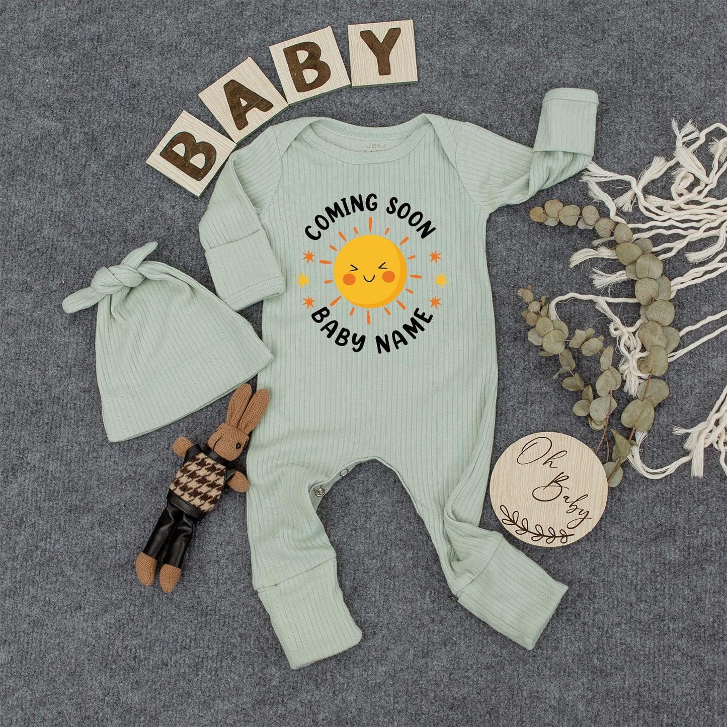 Custom Baby Name Coming Soon Bodysuit, Smiling Sun Newborn Outfit with Yellow Stars, Cute Gender Neutral Baby Shower Gift Clothes, Modern Baby Tee (136 chars)