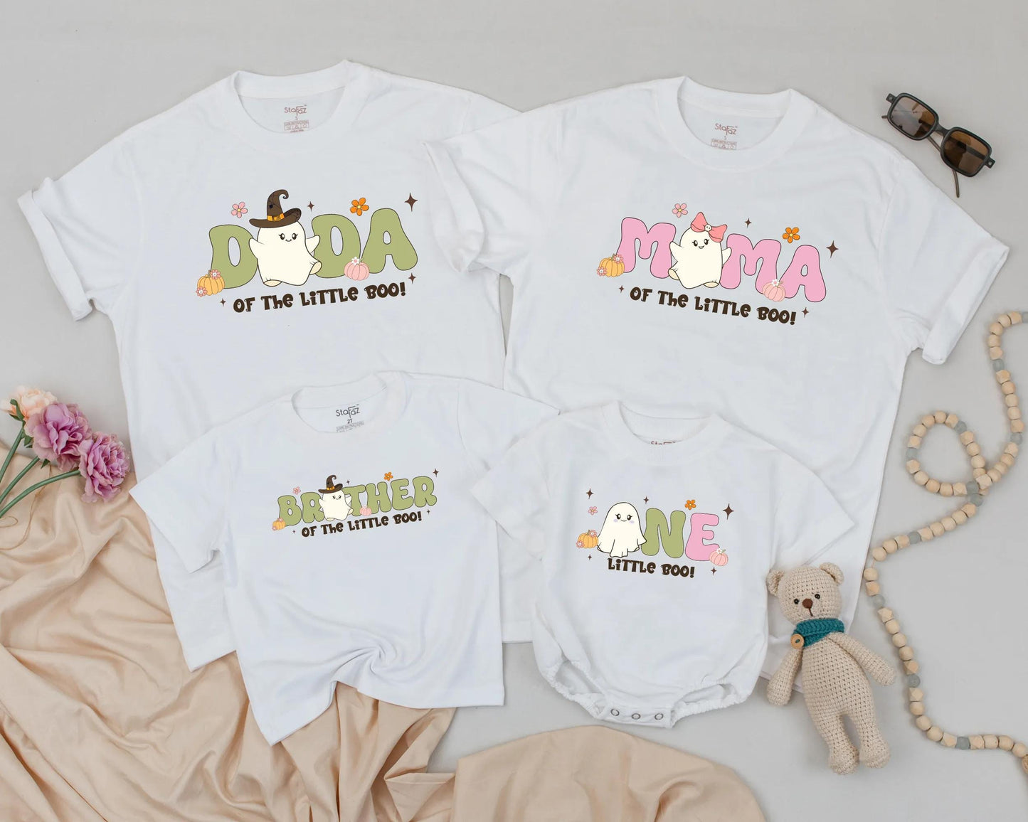 Spooky Little Boo One Birthday Matching Family Shirts Vintage Pastel Ghost Halloween Costume Baby Girl Boy Outfit