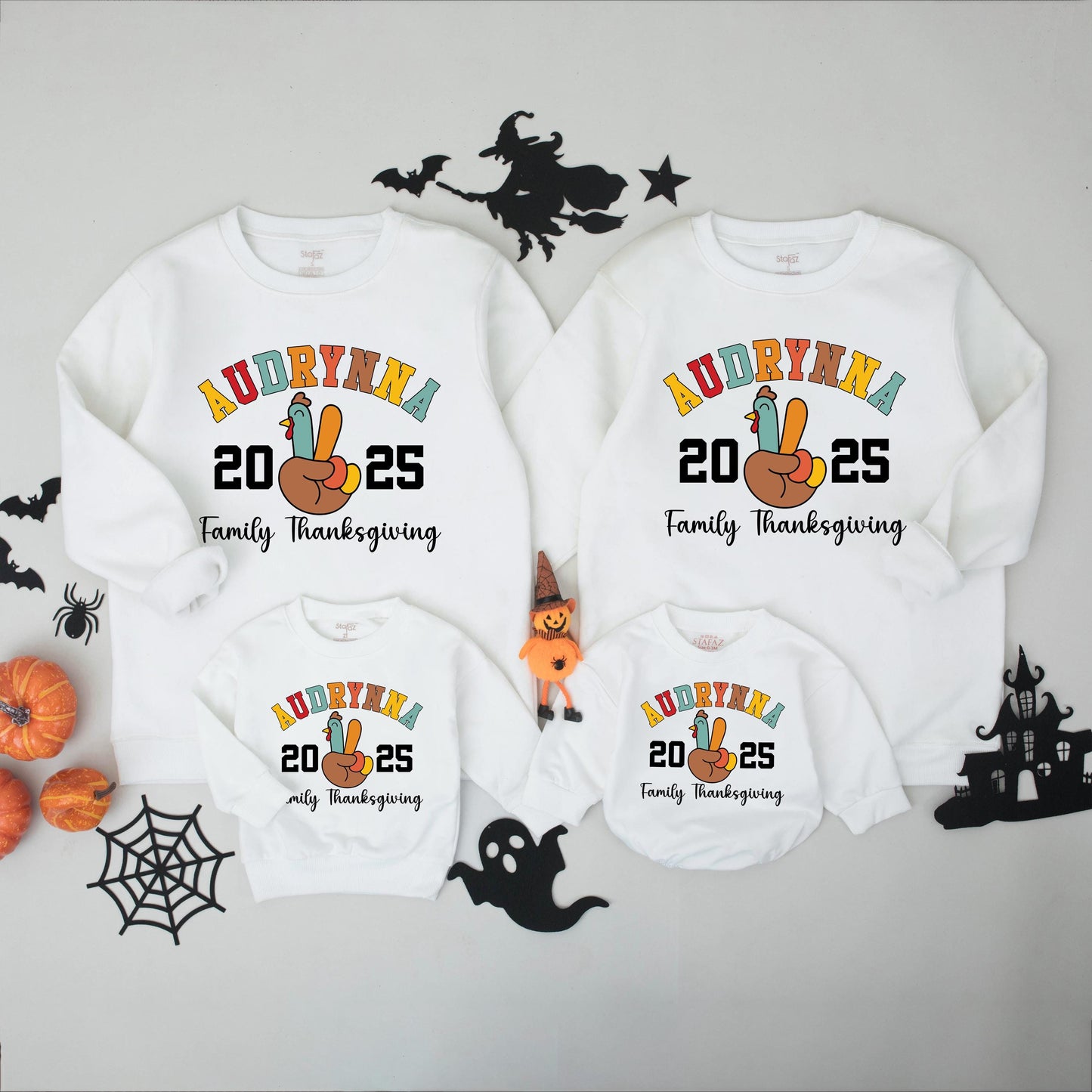 Personalized Thanksgiving Family Matching Shirts: Collegiate Name Peace Turkey 2024 Custom Last Name Tees for Dinner Group Cotton Comfort Colors Fall