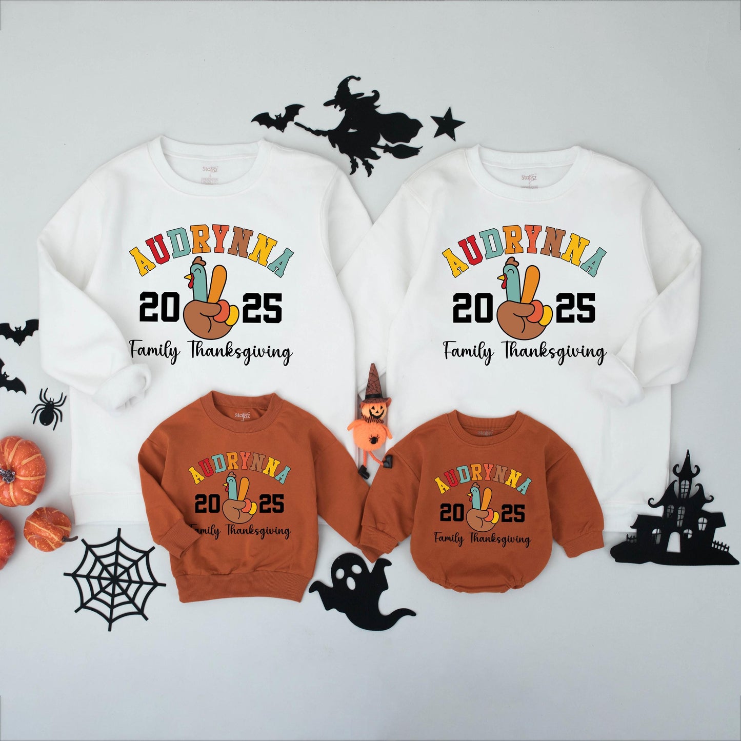 Personalized Thanksgiving Family Matching Shirts: Collegiate Name Peace Turkey 2024 Custom Last Name Tees for Dinner Group Cotton Comfort Colors Fall