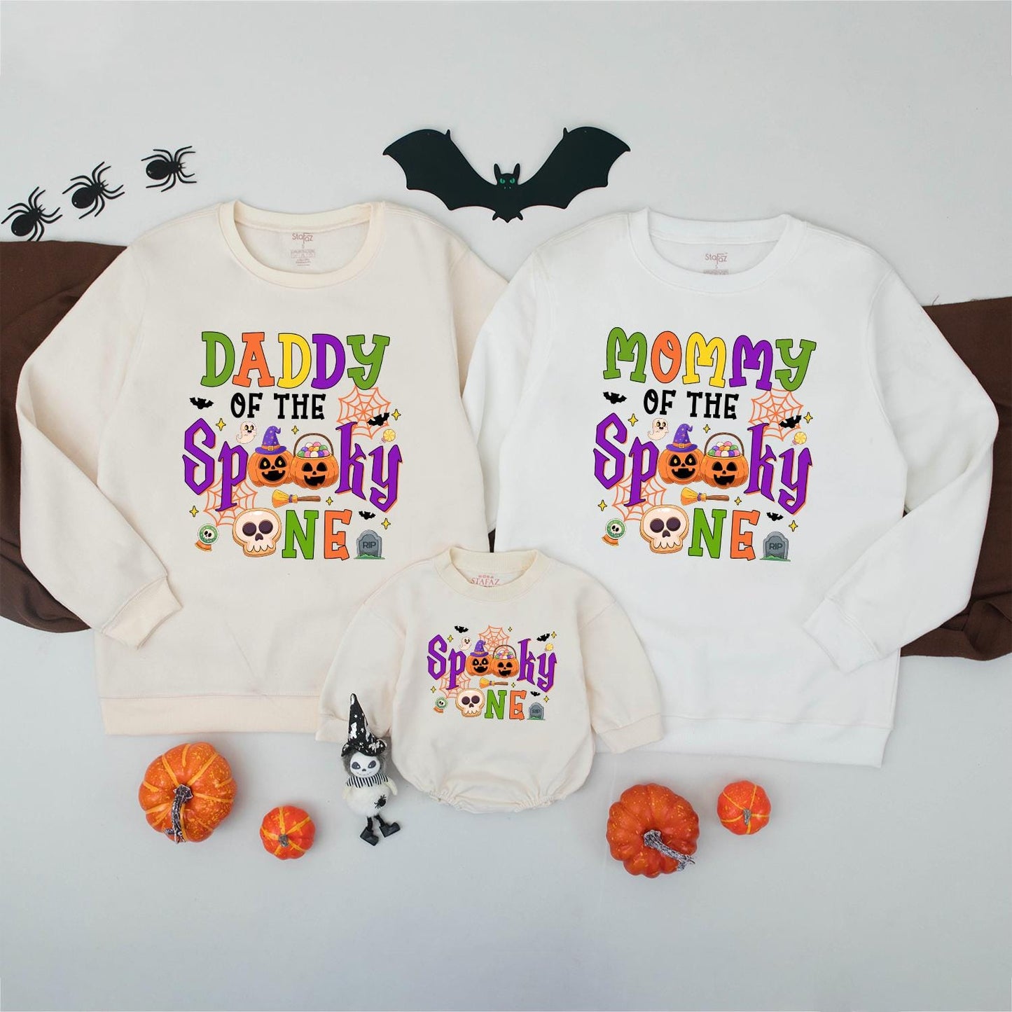 Spooky One Halloween First Birthday Matching Family Sweatshirt for Mom Dad Brother with festive ghosts pumpkins bats and bright colors