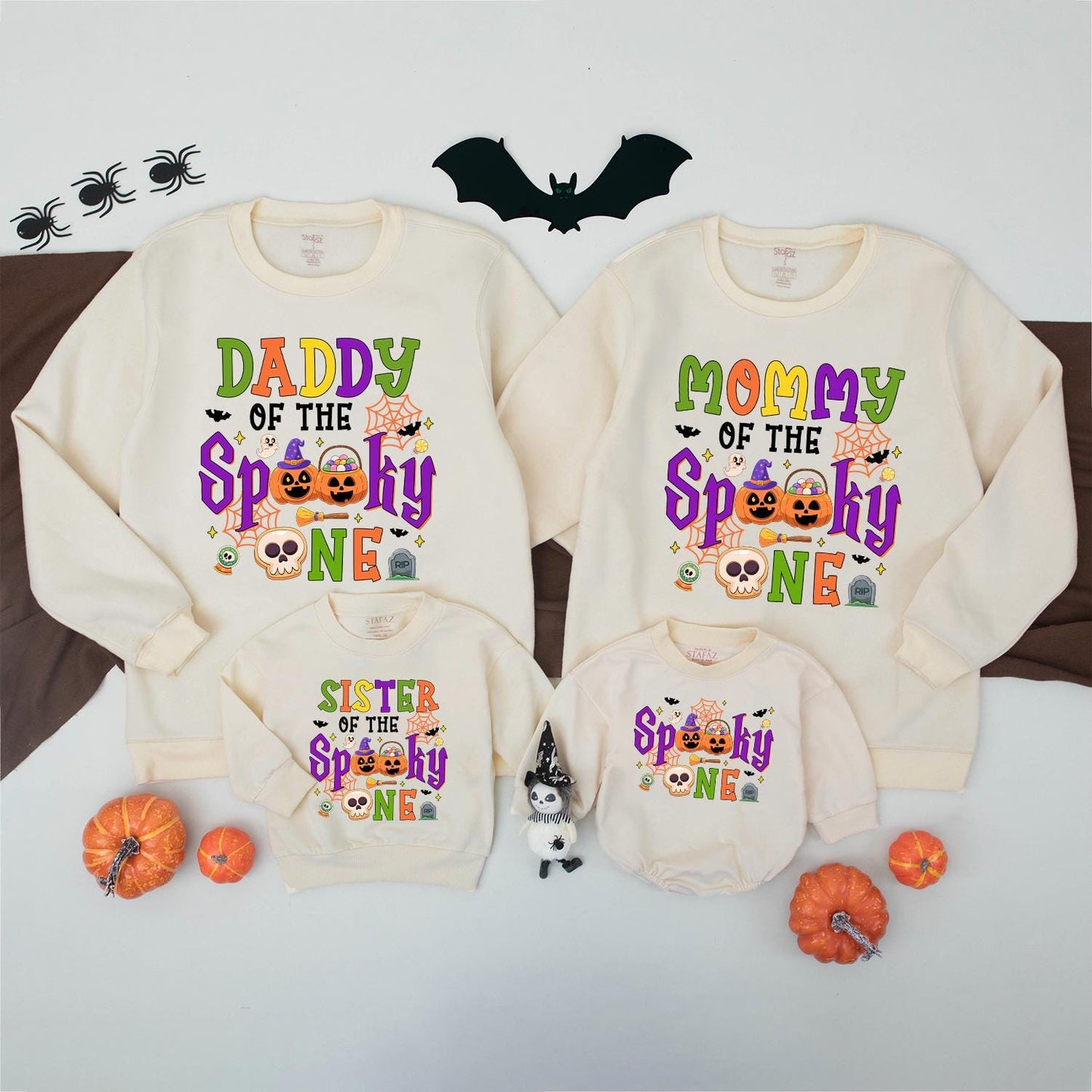 Spooky One Halloween First Birthday Matching Family Sweatshirt for Mom Dad Brother with festive ghosts pumpkins bats and bright colors