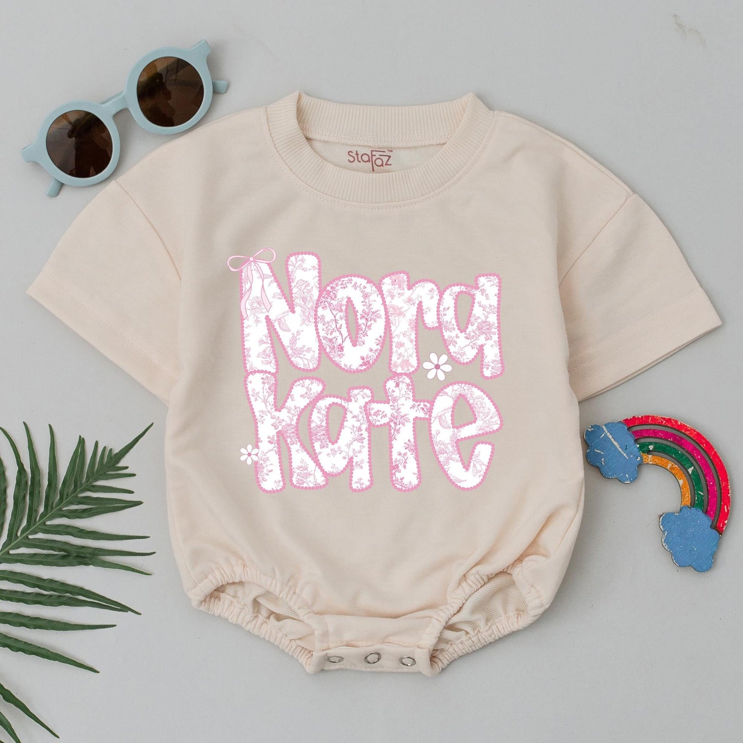 Personalized Nora Kate Baby Romper Pink Chinoiserie Bodysuit Cute Girl Outfit Bow Detail Birthday Clothes Custom Floral Baby Shower Gift Idea (139 Chars)