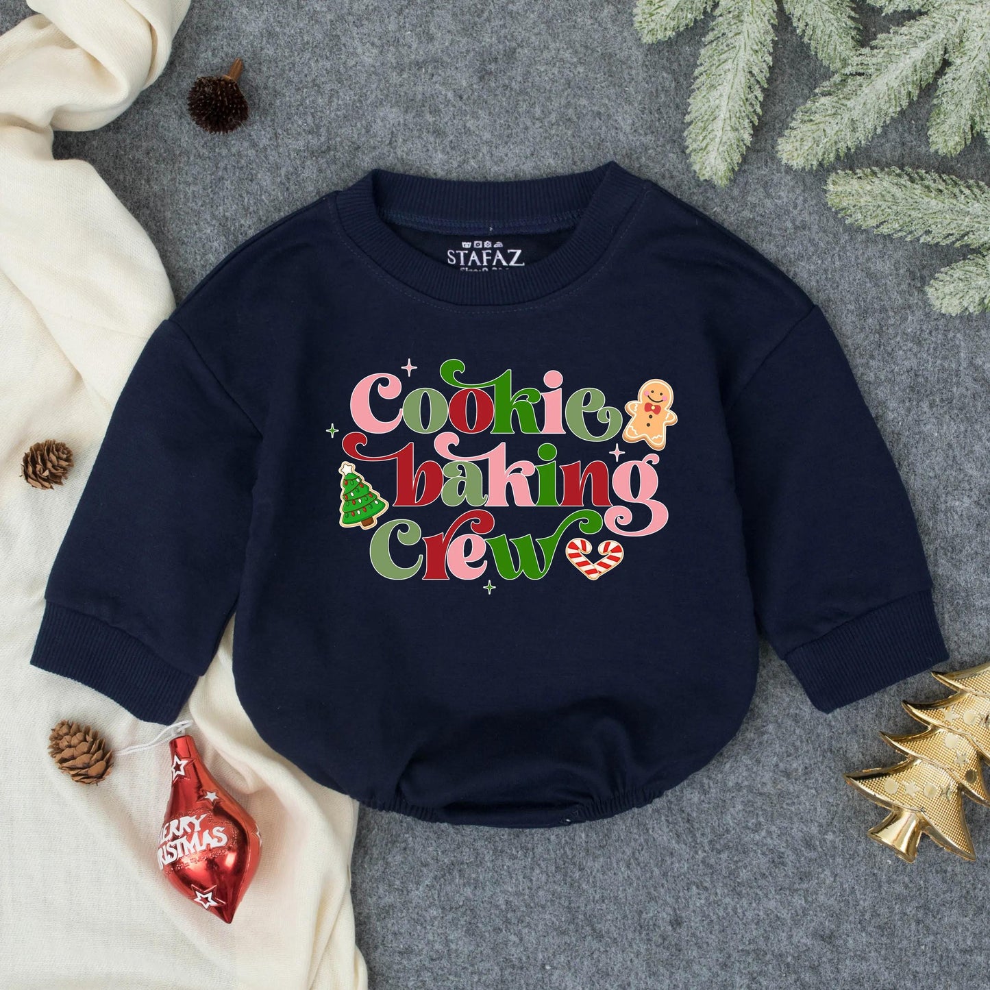 Cookie Baking Crew Baby Romper Sweater Christmas Gingerbread Infant Outfit Whimsical Pink Red Green Holiday Tree Design First Christmas Baby