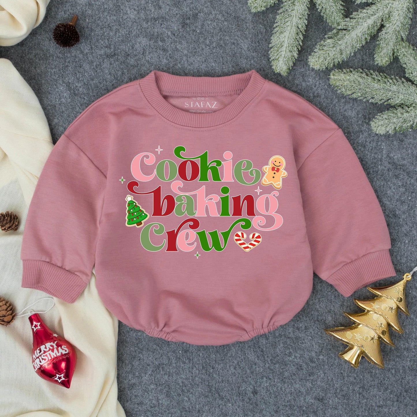 Cookie Baking Crew Baby Romper Sweater Christmas Gingerbread Infant Outfit Whimsical Pink Red Green Holiday Tree Design First Christmas Baby