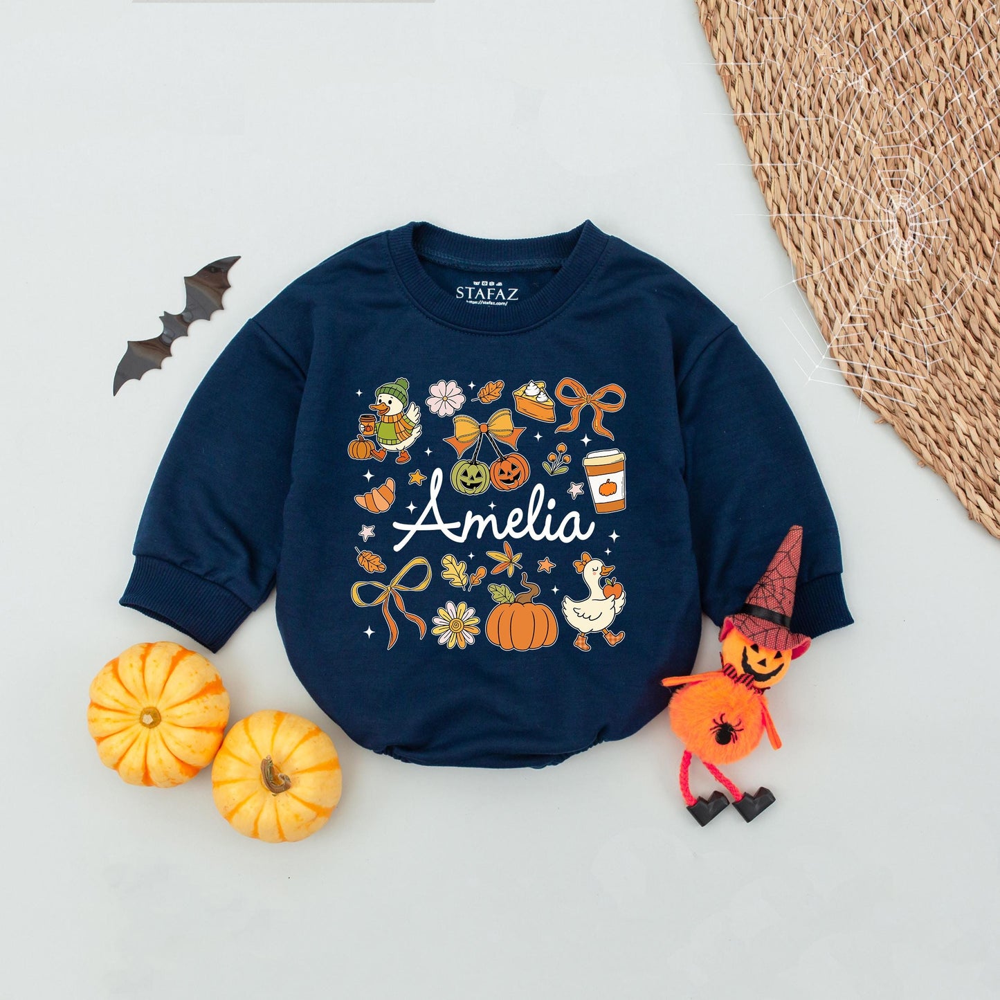 Cute Amelia Fall Romper with Pumpkin & Pie Design Personalized Name Baby Girl Autumn Gift Retro Groovy Vintage Style Infant Clothes