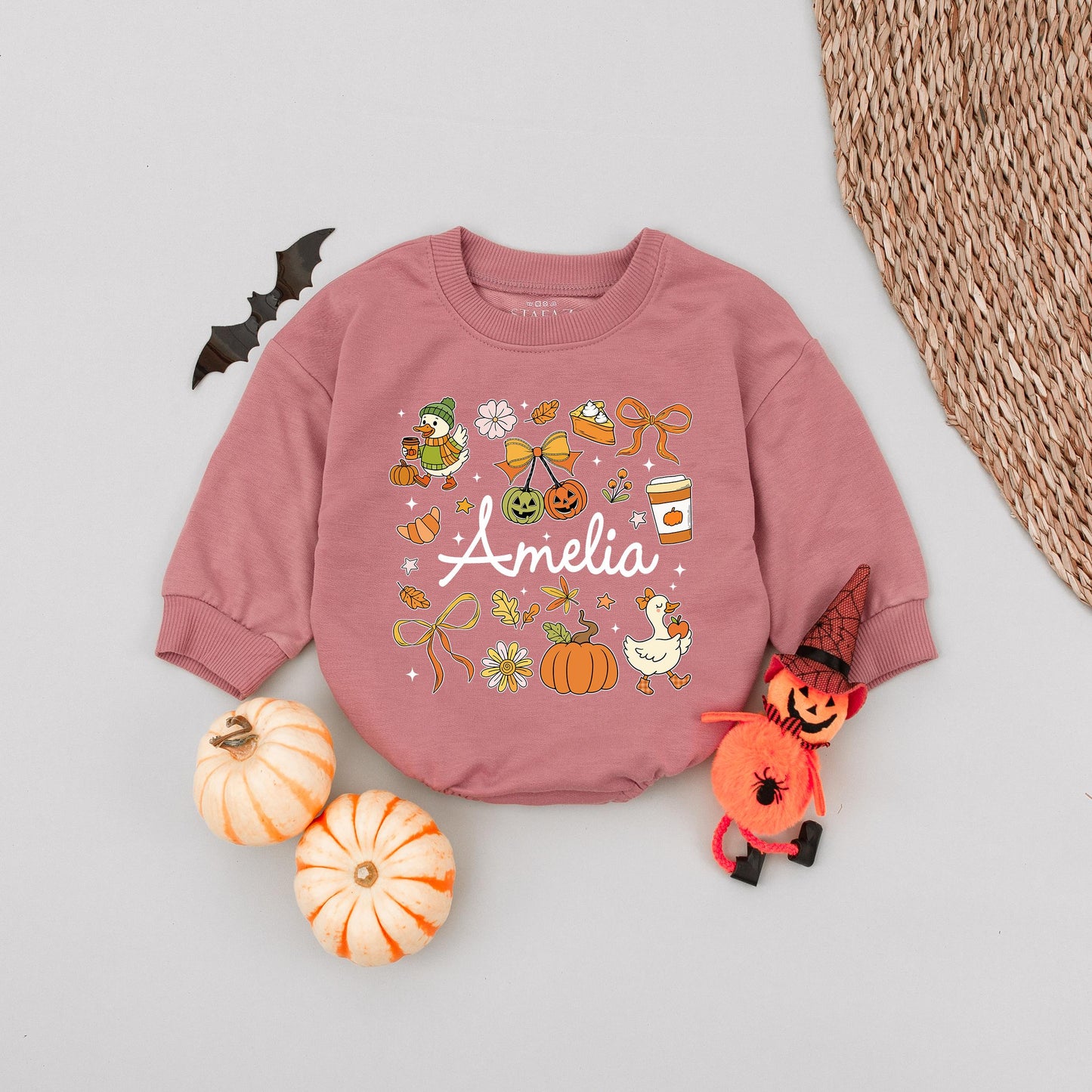 Cute Amelia Fall Romper with Pumpkin & Pie Design Personalized Name Baby Girl Autumn Gift Retro Groovy Vintage Style Infant Clothes