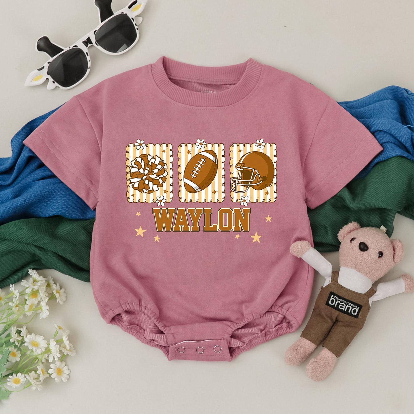 Waylon Baby Romper: Retro Football Game Day Outfit for Baby Girl, Custom Name, Stars, Frames, Football Season, New Baby Gift, Shower
