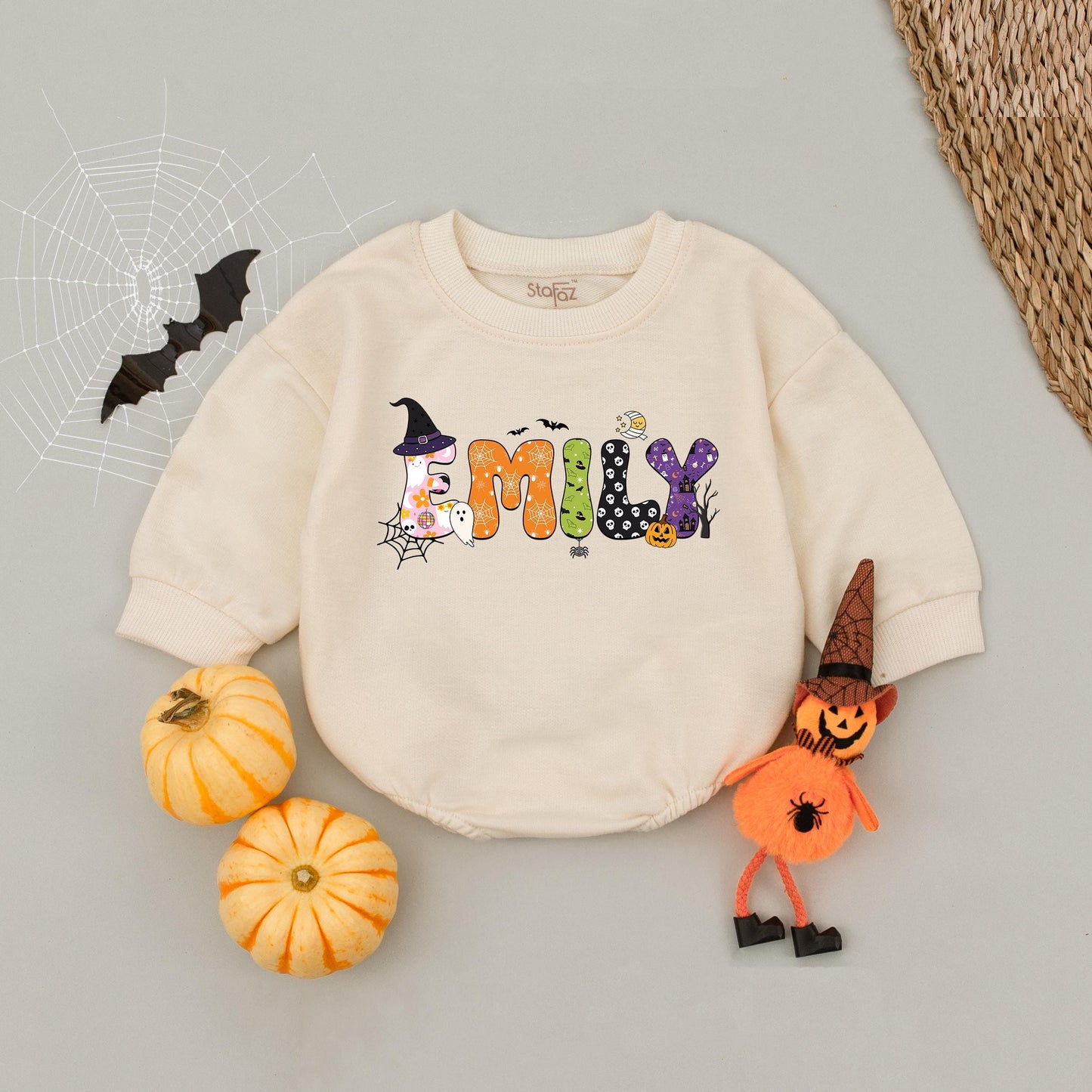 Personalized Emily Halloween Baby Romper, Custom Name Fall Outfit, Cute Pumpkin Ghost Infant Bodysuit, First Halloween Gift