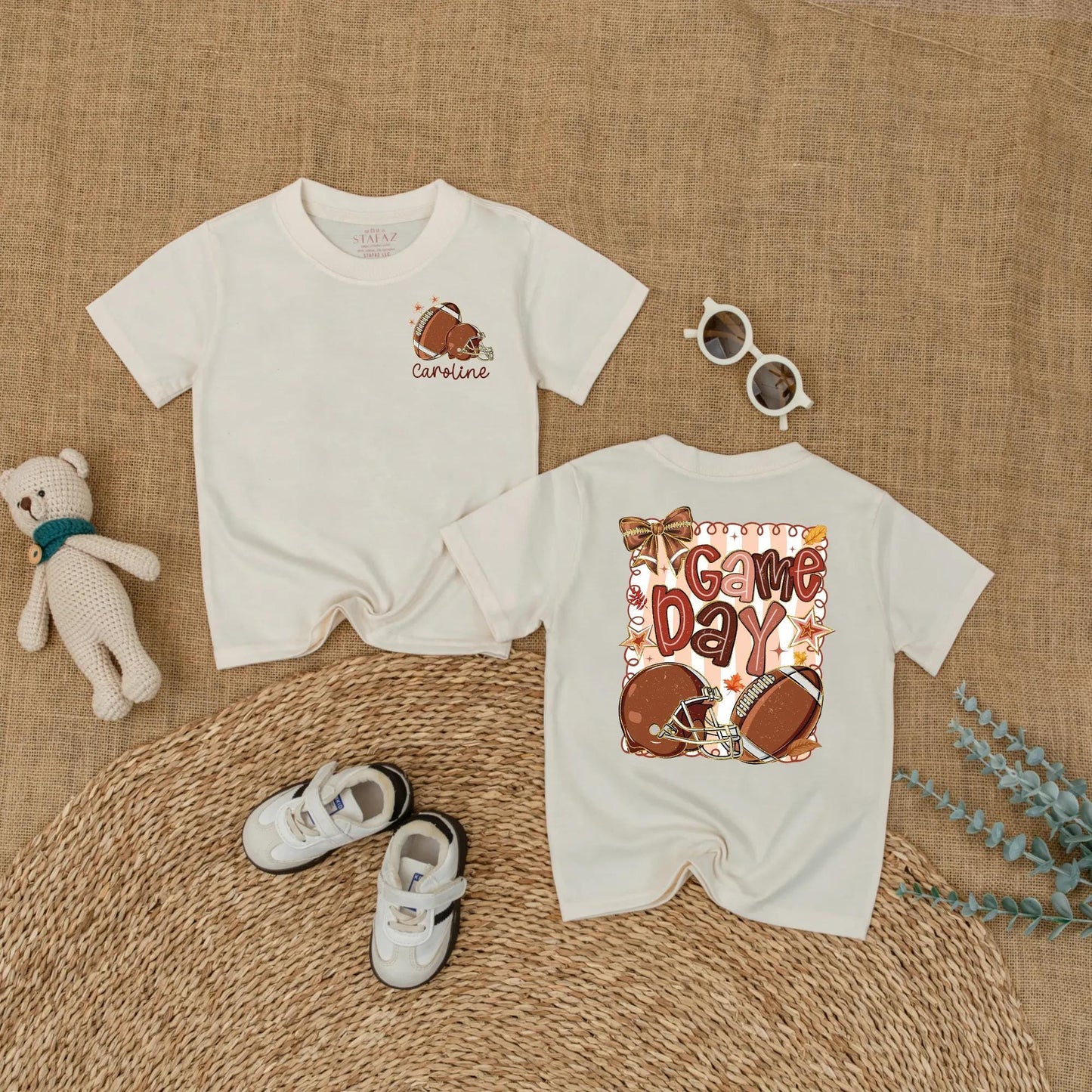 Caroline Personalized Football Game Day Baby Romper Girl Outfit Cute Autumnal Leaves Sports Toddler Shirt Baby Shower Gift