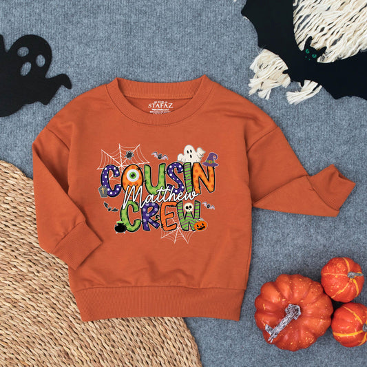 Custom Cousin Crew Halloween Sweatshirt with Personalized Name Spooky Cartoon Bat Ghost Pumpkin Designs for Toddler Baby Kids Family Trip Outfits