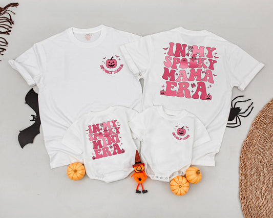 Spooky Mama & Mini Matching Halloween Shirts, Retro Pink Bats & Pumpkins In My Era Family Outfit, Cute Mom & Baby Gift
