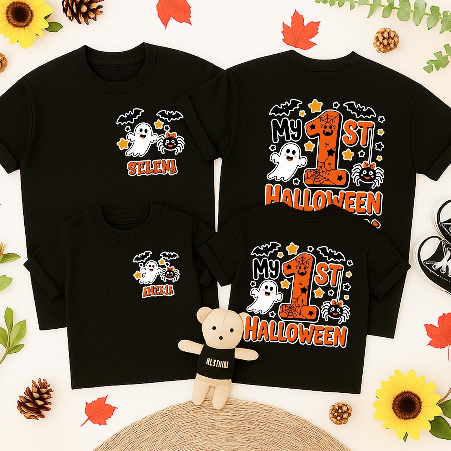 My 1st Halloween Matching Family Romper & Shirts: Cute Ghost, Bats & Spider Bows Outfit, Personalized Baby Gift Tee, Spooky Season Set for Mommy, Daddy & Me