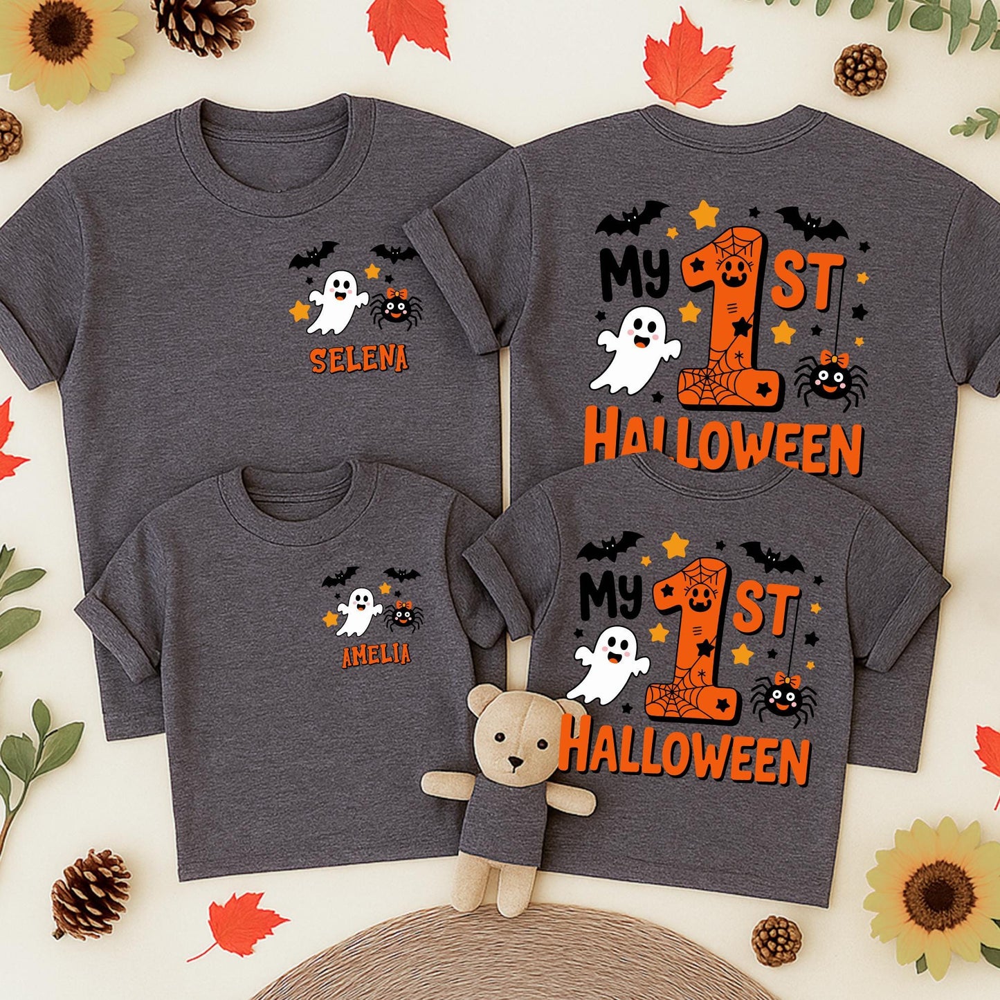 My 1st Halloween Matching Family Romper & Shirts: Cute Ghost, Bats & Spider Bows Outfit, Personalized Baby Gift Tee, Spooky Season Set for Mommy, Daddy & Me
