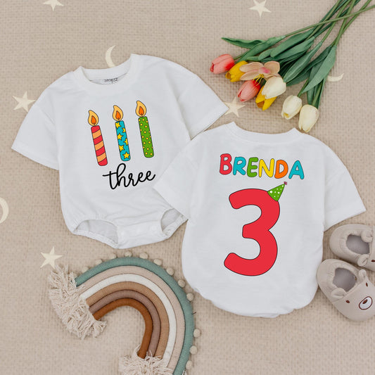 Brenda's 3rd Birthday Romper: Rainbow Name & Candles! Personalized Three Year Old Tee, Girl Boy Turning Three Gift, Custom Party Outfit, Cake Smash