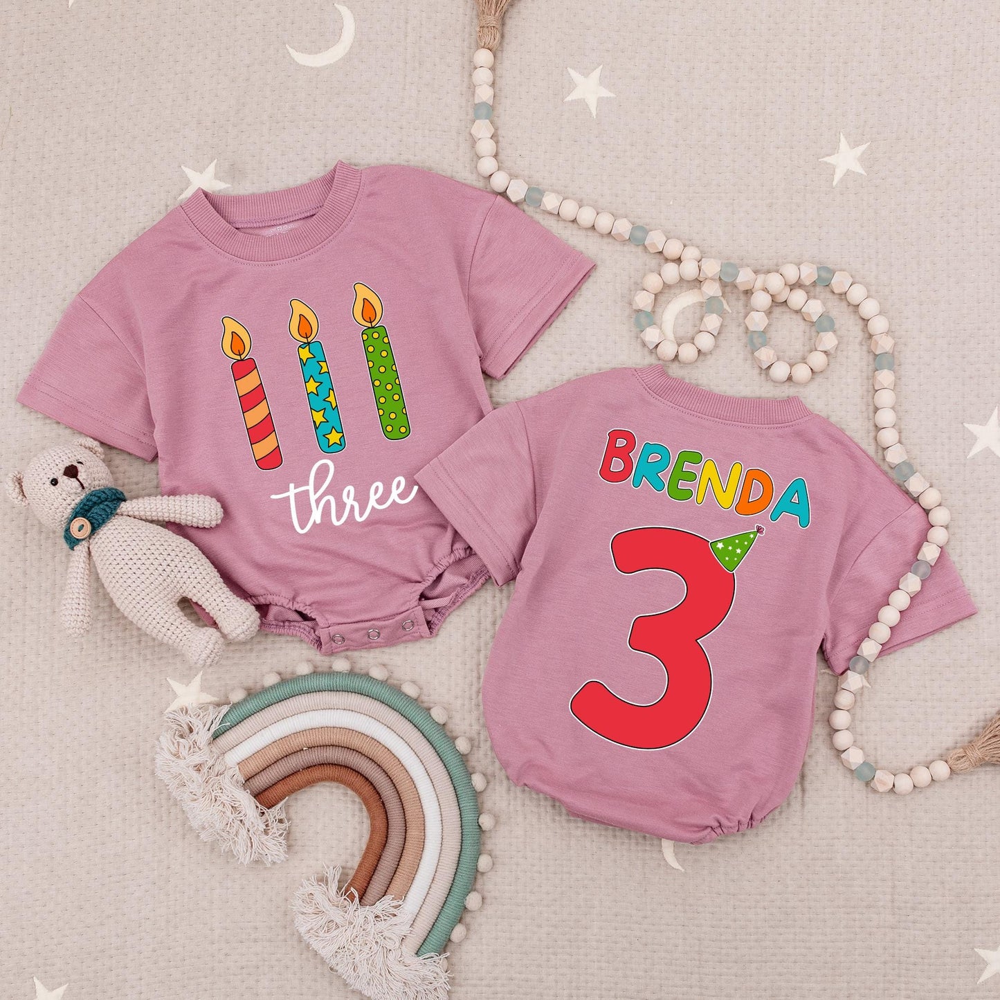 Brenda's 3rd Birthday Romper: Rainbow Name & Candles! Personalized Three Year Old Tee, Girl Boy Turning Three Gift, Custom Party Outfit, Cake Smash