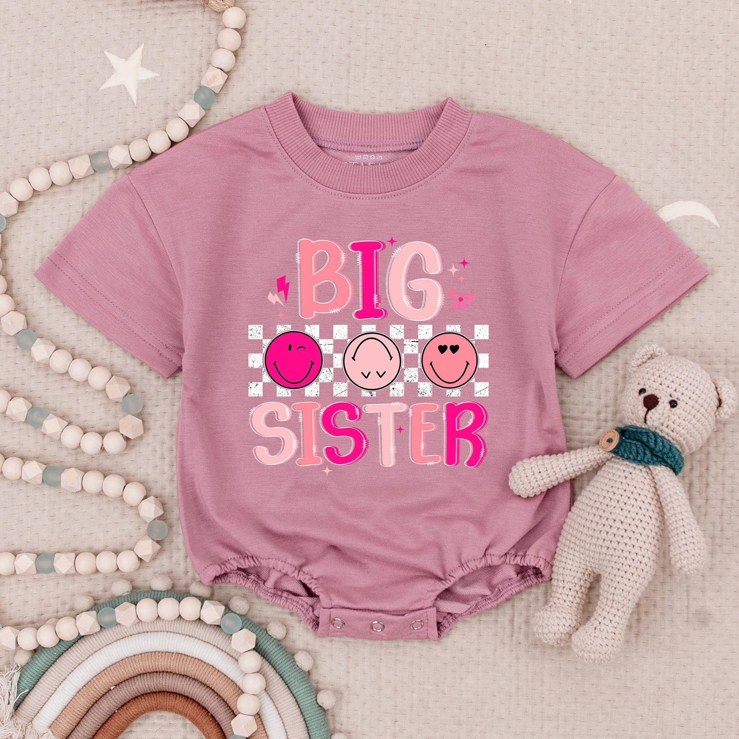 Big Sister Little Brother Matching Sibling Retro Smiley Face Romper & Tee Pink Blue Green Bubble Font Star Lightning Bolt Kids Baby Girl Boy Outfit
