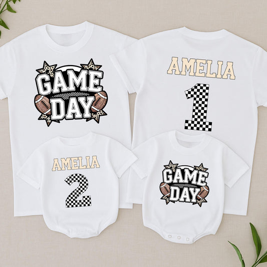 Game Day Football Shirt for Baby Girl Amelia Custom Checkered Number Toddler Tee Football Season Gift