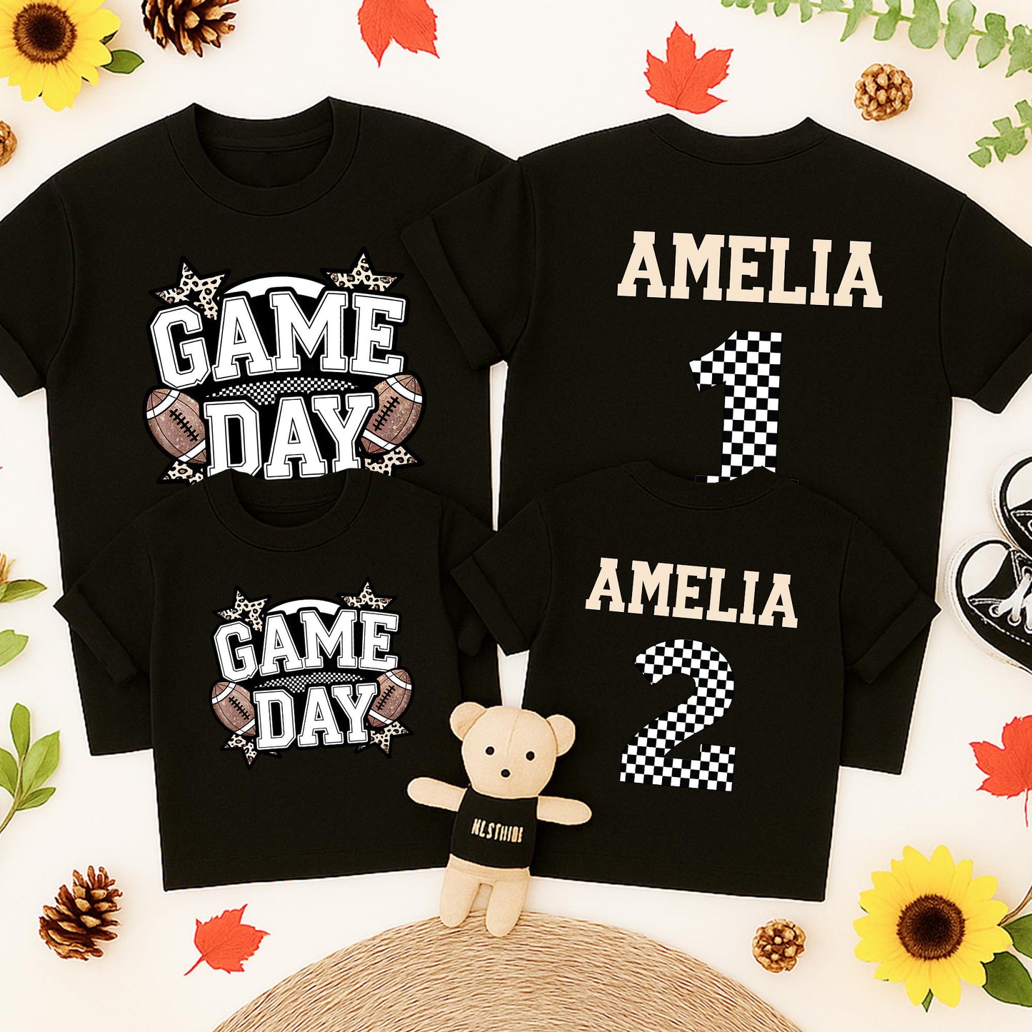 Game Day Football Shirt for Baby Girl Amelia Custom Checkered Number Toddler Tee Football Season Gift
