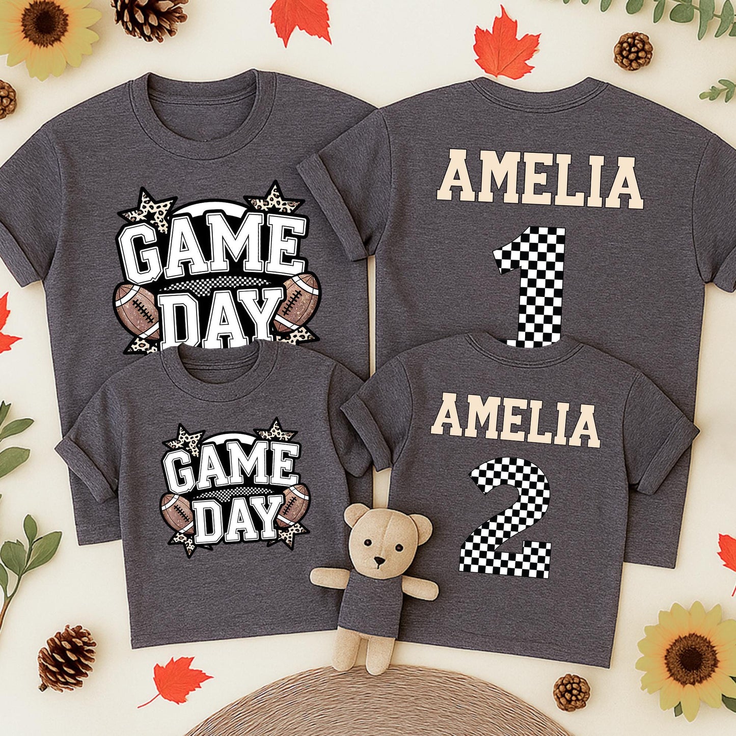 Game Day Football Shirt for Baby Girl Amelia Custom Checkered Number Toddler Tee Football Season Gift
