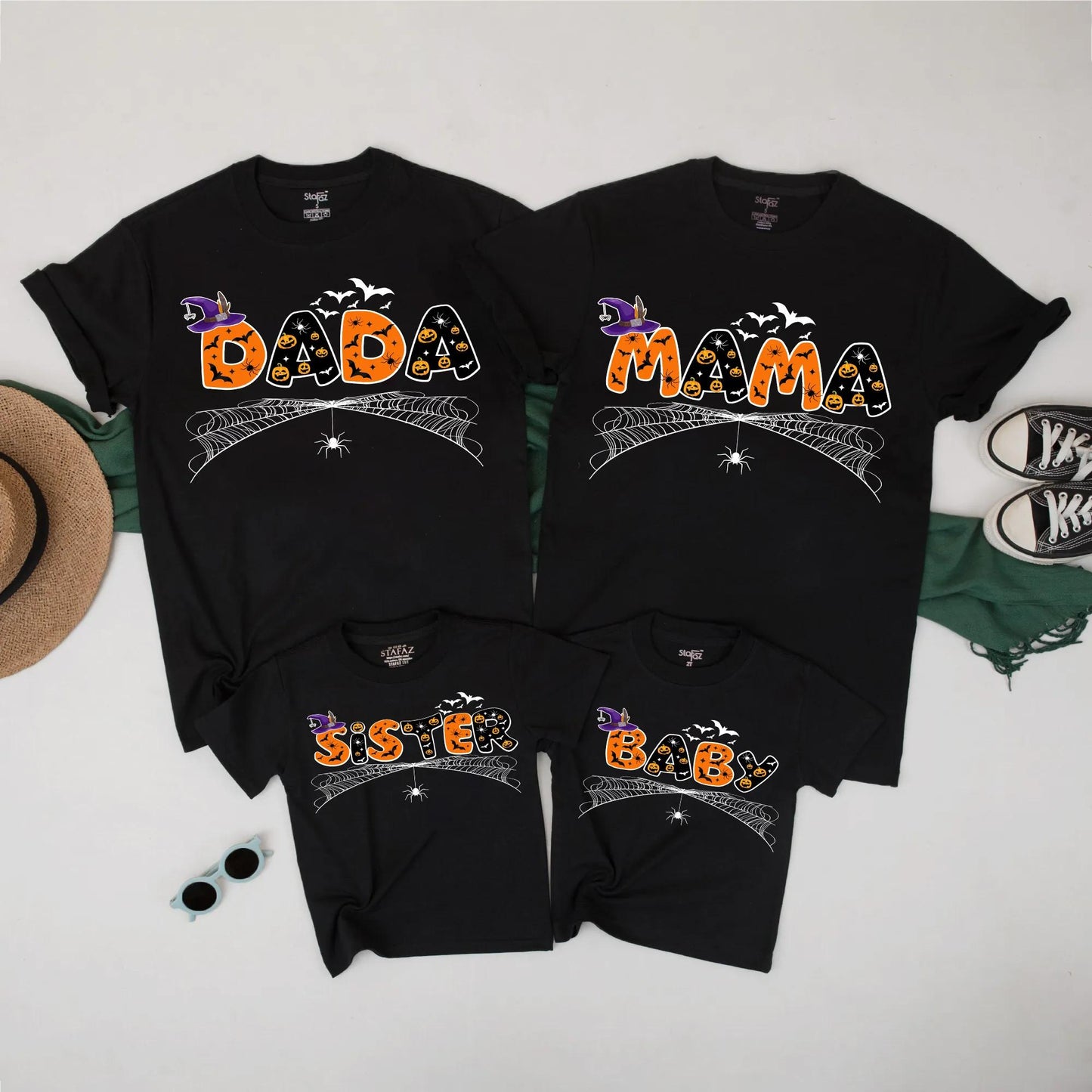 Spooky Spider Web Family Halloween Shirts Custom Pumpkin Jack-o-Lantern DADA MAMA SISTER BABY Outfit Festive Fall Party Bash