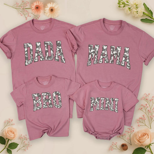 Matching Family Camo Shirts: Mama, Dada & Mini T-Shirts – Gray, White & Black Camouflage, Playful Family Unity Design, Christmas Gift, New Mom & Dad Gift