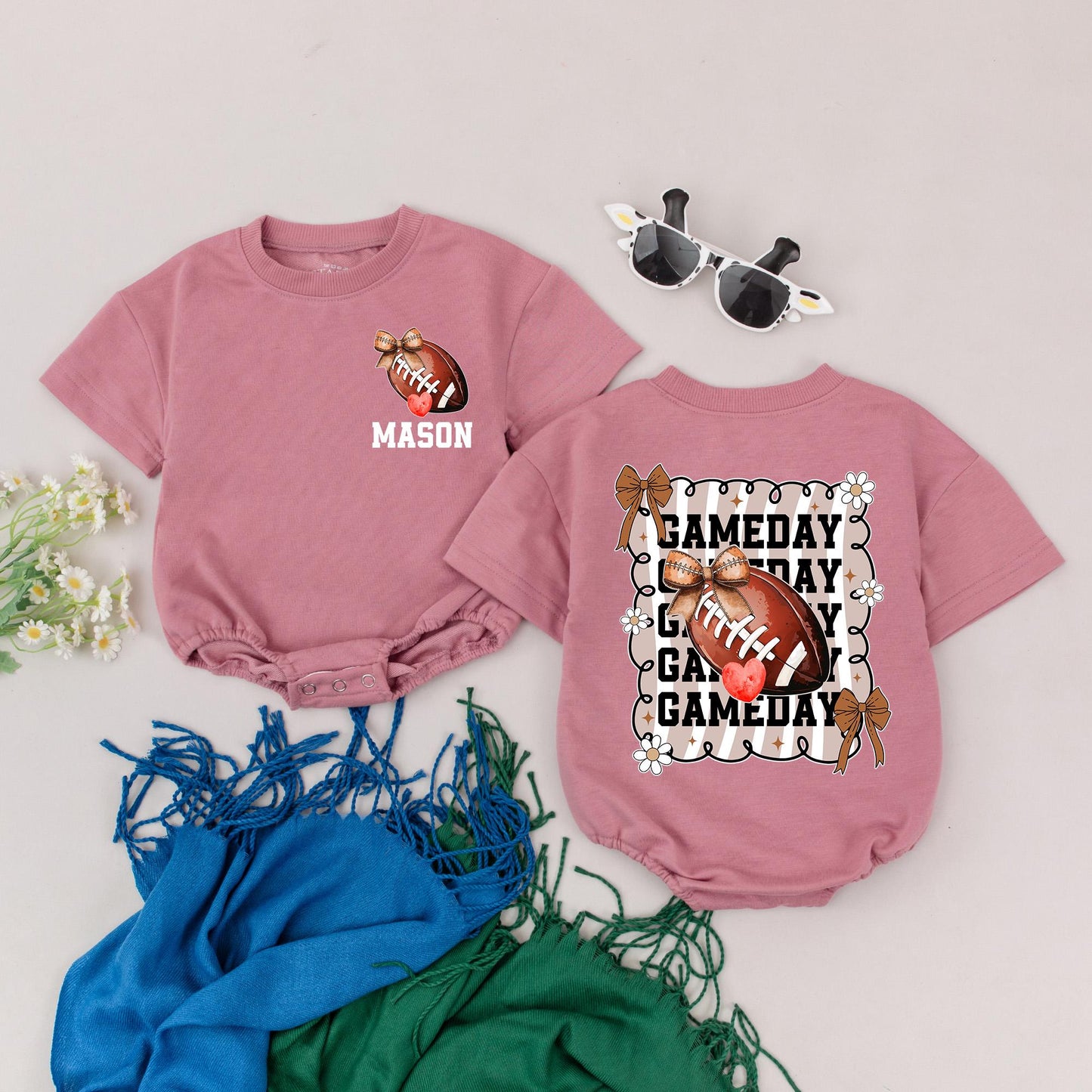 Personalized Mason Game Day Romper: Retro Football Bow Baby Girl Outfit, Vintage Style, Football Season Shower Gift, Whimsical Red Heart, 135 Characters