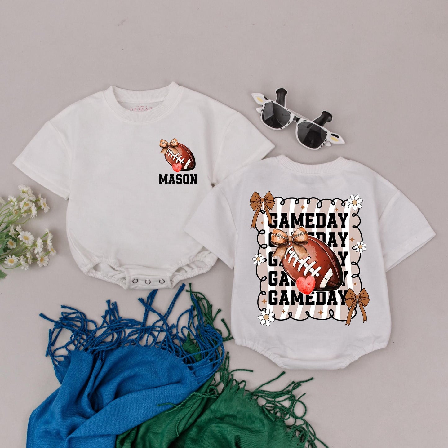 Personalized Mason Game Day Romper: Retro Football Bow Baby Girl Outfit, Vintage Style, Football Season Shower Gift, Whimsical Red Heart, 135 Characters