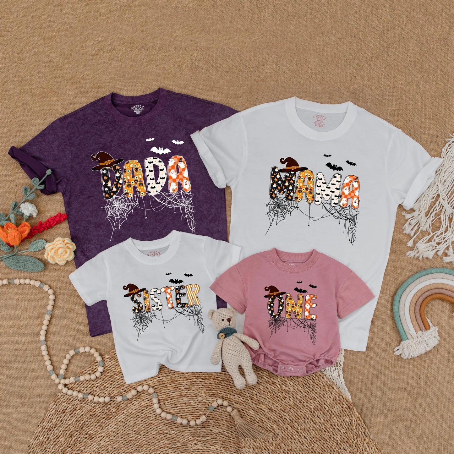 Custom Halloween Family Matching Shirts Spooky One Dad Mama Sister Bat Pumpkin Ghost Cobweb