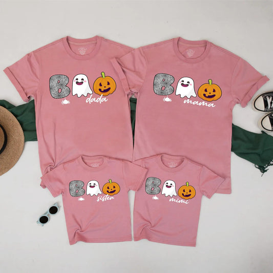 Cute BOO Matching Family Halloween Shirts Spooky Ghost Pumpkin Mama Dada Sister Mimi T-Shirts for Group Costume Fun