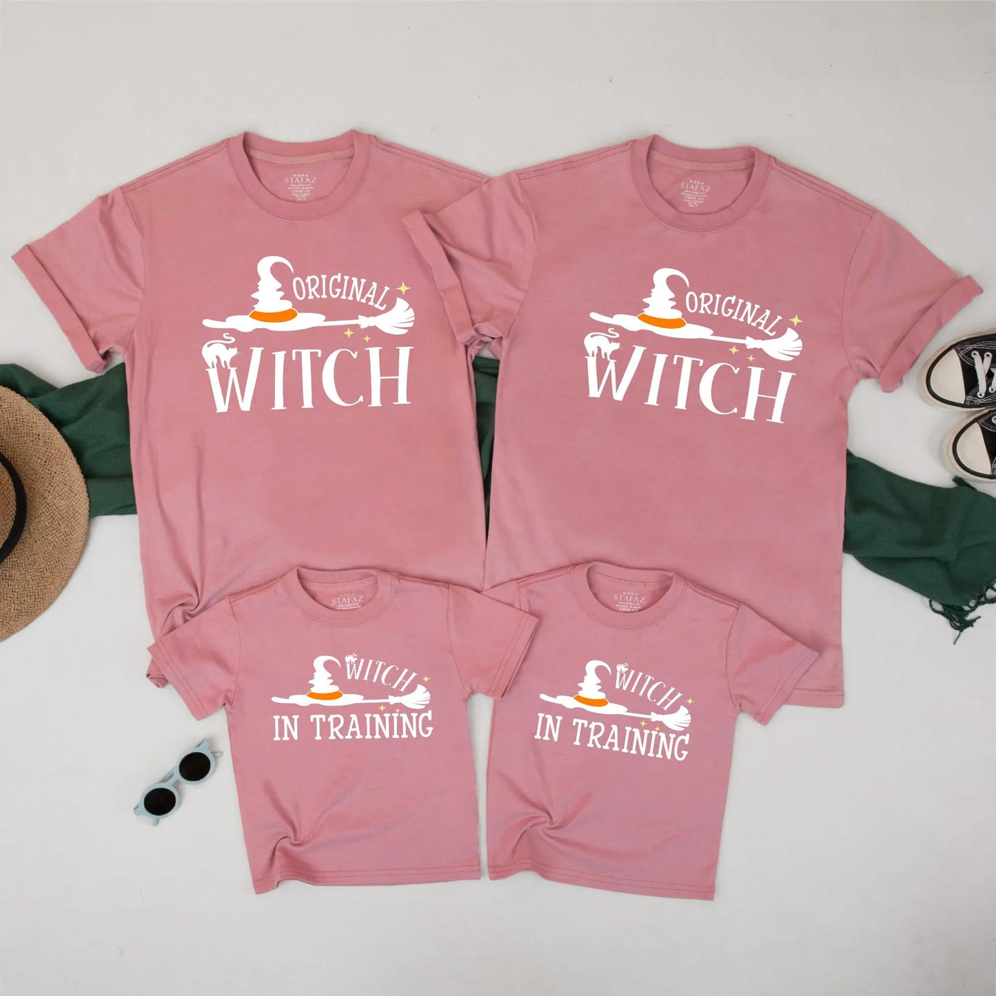 Matching Family Halloween Shirts: Witch & Witch in Training Set - Cute Spooky Fall T-Shirts for Mom and Kids - Perfect Halloween Costume Outfit