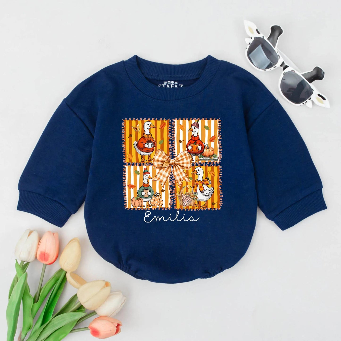 Personalized Cozy Goose Bubble Romper First Thanksgiving Baby Outfit with Orange Yellow Autumn Geese, Pumpkins, Festive Bow & Name Emilia