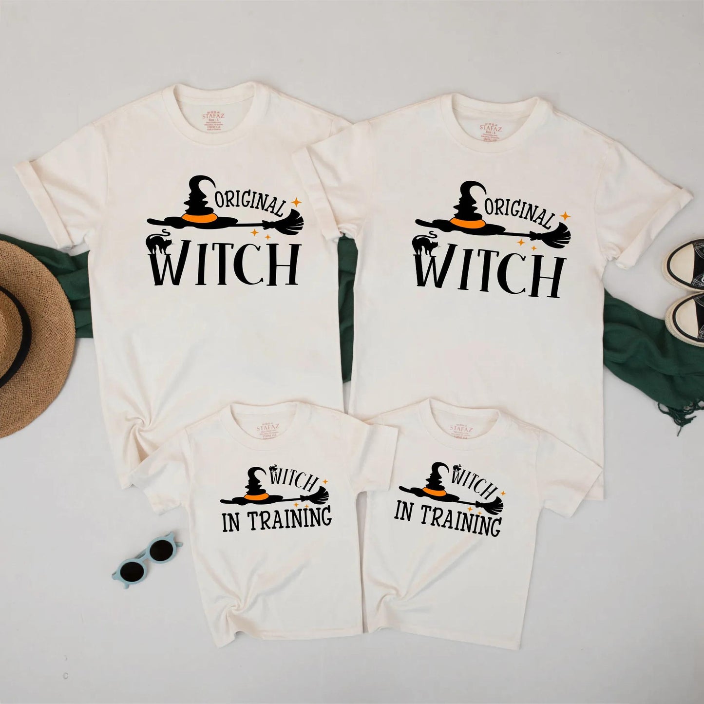 Matching Family Halloween Shirts: Witch & Witch in Training Set - Cute Spooky Fall T-Shirts for Mom and Kids - Perfect Halloween Costume Outfit